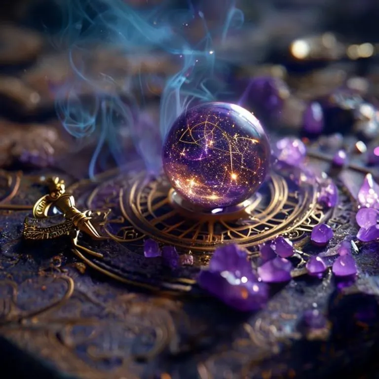 Orbe de cristal con una galaxia en miniatura, rodeado de cartas de tarot y una pluma, en un ambiente místico y reflexivo.