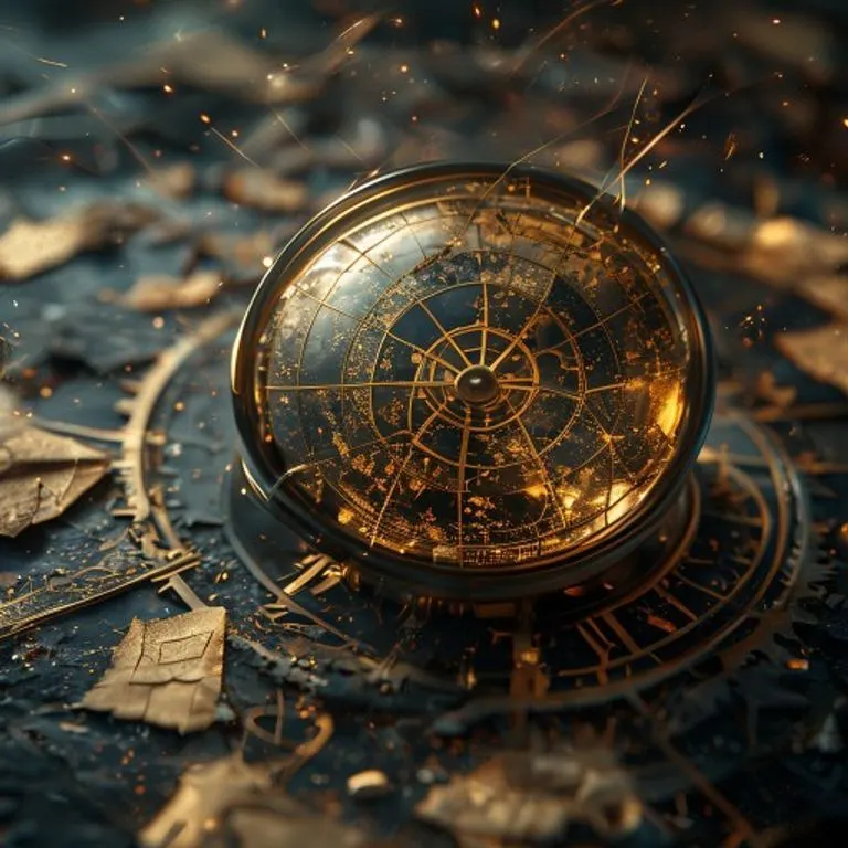 Astrolabio antiguo sobre un mapa mundial y pergaminos