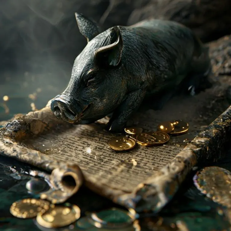 Primer plano de un cofre antiguo abierto con monedas de oro líquido y amuletos de jade, simbolizando riqueza y herencia.