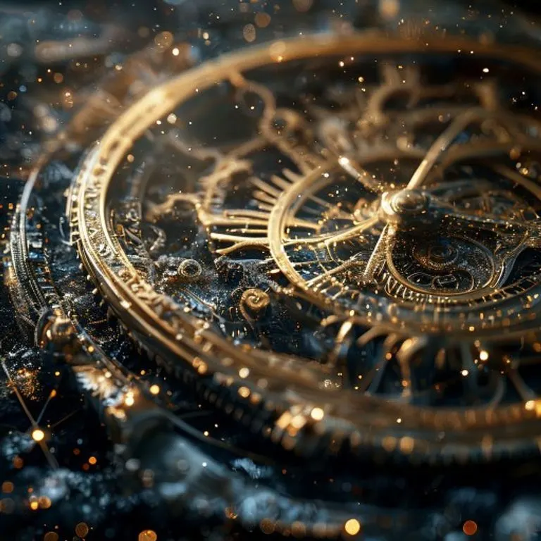 Ilustración digital 3D de un reloj celestial con engranajes y símbolos planetarios, orbes brillantes, líneas doradas intrincadas en un fondo cósmico azul profundo.
