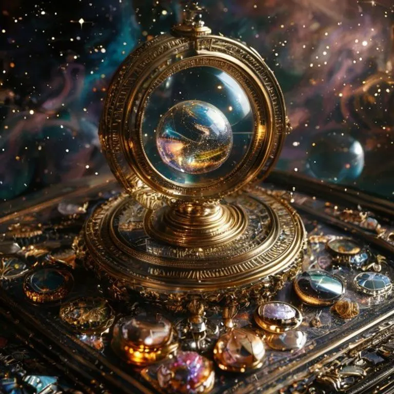 Arte conceptual de una balanza delicada con un planeta en miniatura en un lado y una pequeña semilla brotando en el otro, suspendida en el vacío cósmico, con rayos de luz etéreos, simbolizando el equilibrio del tiempo y el crecimiento.