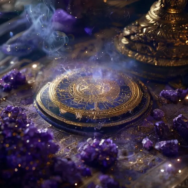Altar antiguo con gemas protectoras y un pentáculo de plata, luz de vela