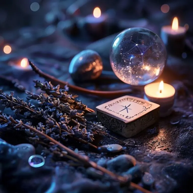 Fotografía cinematográfica de un antiguo grimorio abierto sobre un altar de madera, rodeado de cristales de amatista y cuarzo, hierbas secas y una vela parpadeante, con iluminación dramática.