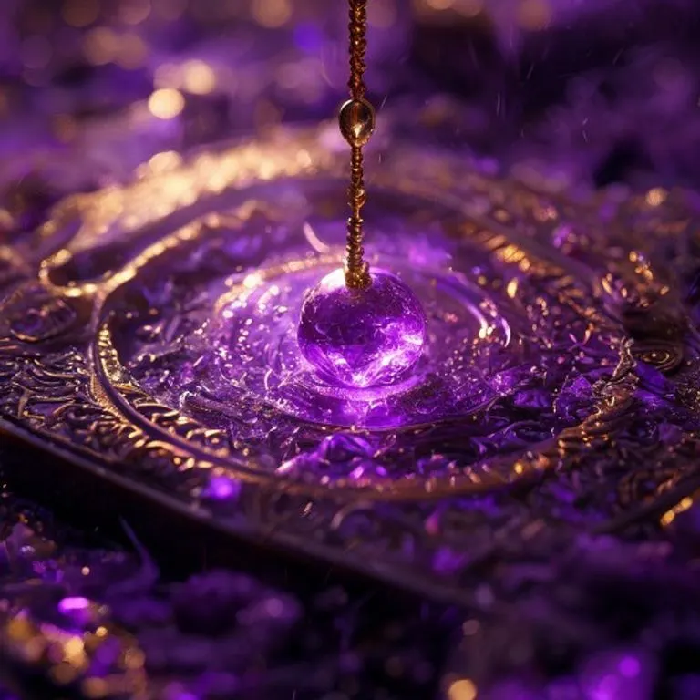 Fotografía macro de una colección de péndulos de diferentes materiales: madera pulida, cuarzo transparente y latón, dispuestos sobre una tela de terciopelo morado oscuro, con luz etérea que realza sus texturas.