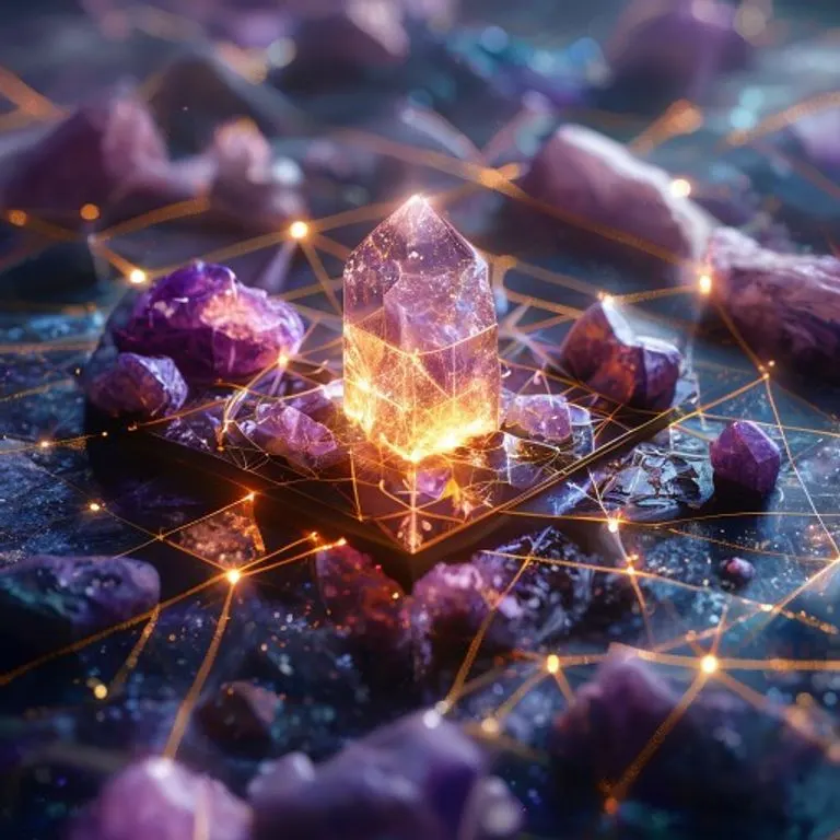 Arreglo de cristales en bruto y pulidos, como amatista y cuarzo rosa, sobre una mesa de madera antigua con un libro de geometría sagrada y una vela.