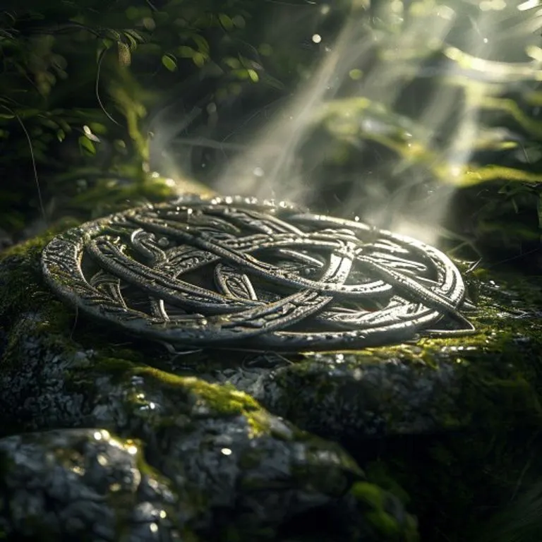 Pintura de acuarela abstracta de nudos celtas que se fusionan en una espiral cósmica, simbolizando el destino.