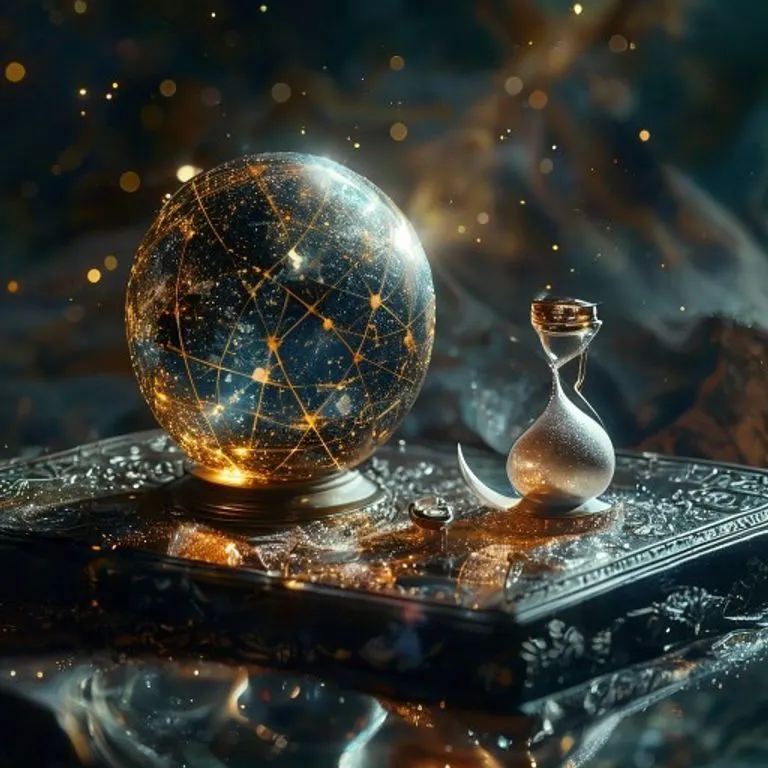Una antigua esfera armilar de latón sobre un escritorio de madera, rodeada de pergaminos astrológicos y una pluma, iluminada por la suave luz de una vela, evocando el estudio de los cielos en la antigüedad.