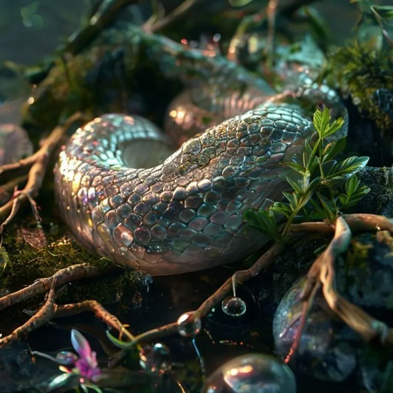 Fotografía cinemática de un escritorio de madera antiguo con un tintero, pergamino con caracteres chinos, una figura de serpiente de jade y una manzana a medio comer.