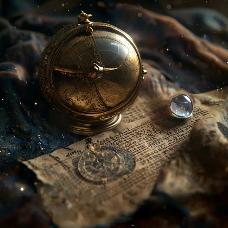 Fotografía cinematográfica de un viejo grimorio de cuero abierto en una página con cartas y símbolos astrológicos, rodeado de astrolabios de latón antiguos, una pluma de ave y pergaminos, todo iluminado por la suave luz de una vela parpadeante, texturas ricas y sombras profundas.