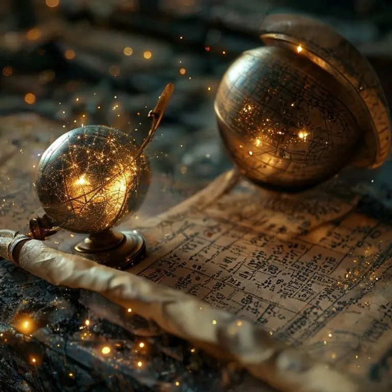 Arte digital conceptual de una proyección holográfica de una compleja carta astrológica superpuesta en un globo terráqueo giratorio, con líneas de energía conectando puntos específicos de la Tierra con estrellas fijas luminosas, estética futurista pero antigua, patrones intrincados, efectos de luz vibrantes.