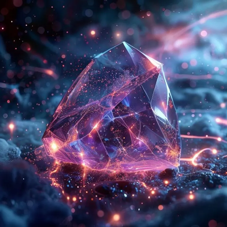 Un render 3D abstracto de formas geométricas interconectadas con partículas de luz fluyendo, simbolizando la manifestación de la intención y la creación de la realidad.