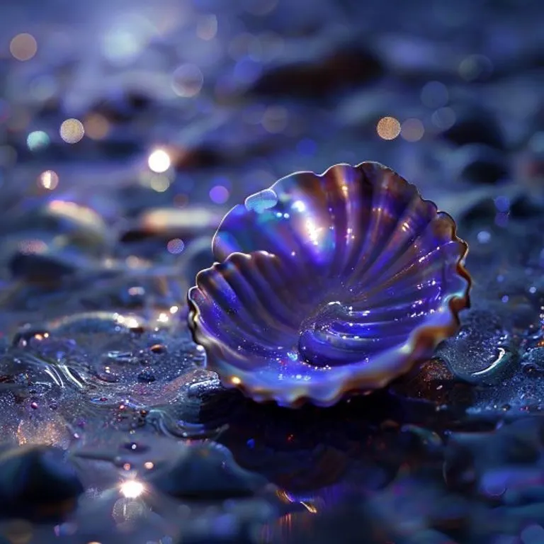 Primer plano de un relicario de plata antiguo sumergido en agua, rodeado de piedras de río y algas bioluminiscentes, con luz difusa.