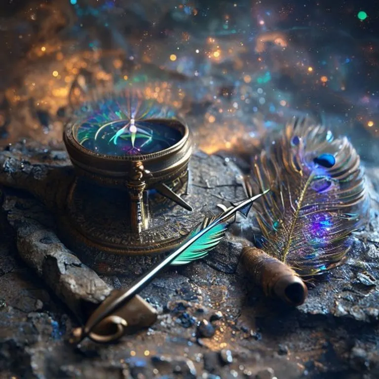 Brújula de latón antigua abierta sobre un mapa de madera desgastado, apuntando a una galaxia estilizada y brillante. Rodeada de pergaminos antiguos y una lupa, con texturas ricas.