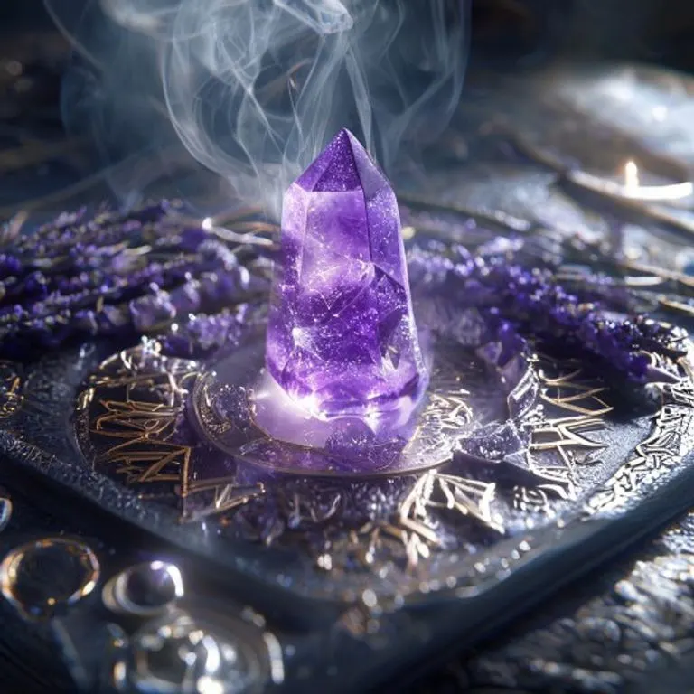Altar con cristales de turmalina negra, salvia, romero y sal marina, bajo una luz cálida.