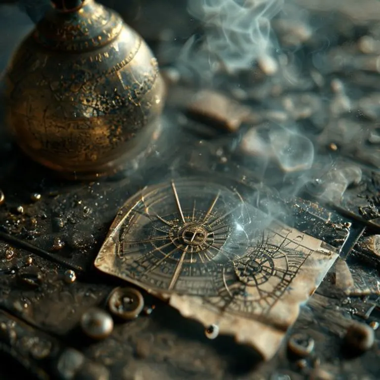 Fotografía macro de antiguos manuscritos de hojas de palma y un astrolabio de latón sobre una mesa de madera oscura, iluminados por una lámpara de aceite.