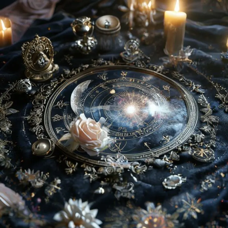 Fotografía cinematográfica de naturaleza muerta con un pergamino antiguo, un cáliz de plata, una rosa seca y un espejo de obsidiana sobre terciopelo, con iluminación dramática.