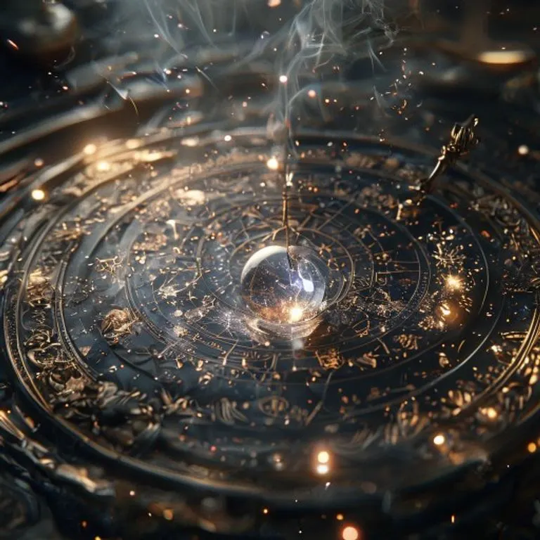 Fotografía cinemática de un astrolabio antiguo sobre un cojín de terciopelo, rodeado de pergaminos con símbolos astrológicos descoloridos. Iluminación suave y dramática, texturas ricas y sombras profundas, evocando sabiduría ancestral.