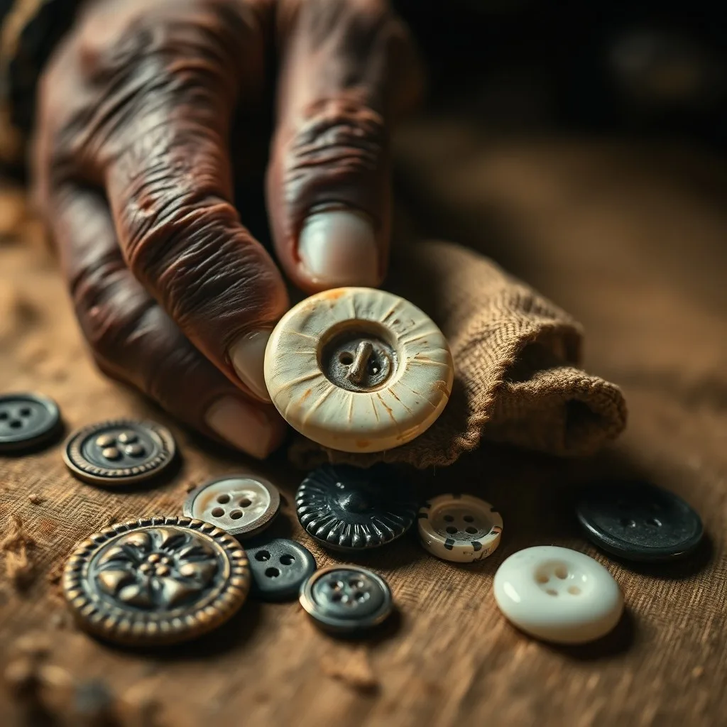 Naturaleza muerta cinematográfica de un antiguo escritorio de madera, tenuemente iluminado, con una colección de botones históricos hechos de hueso, concha y metales tempranos, esparcidos entre pergaminos envejecidos y una pluma de ave. Se enfoca en los detalles intrincados y las texturas de los botones y su contexto histórico.
