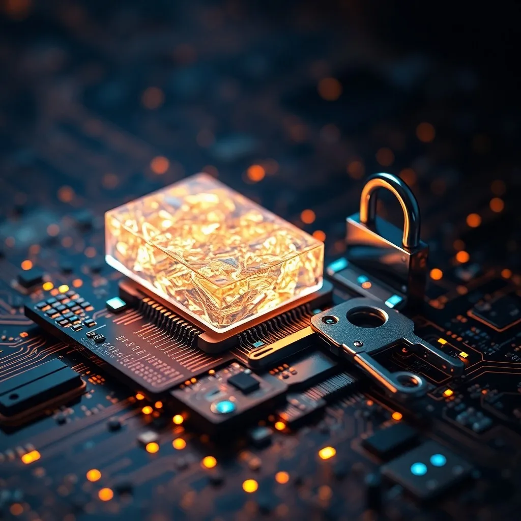 Bóveda cristalina con artefactos digitales luminosos, rodeada por una red de datos, simbolizando almacenamiento seguro de NFTs.