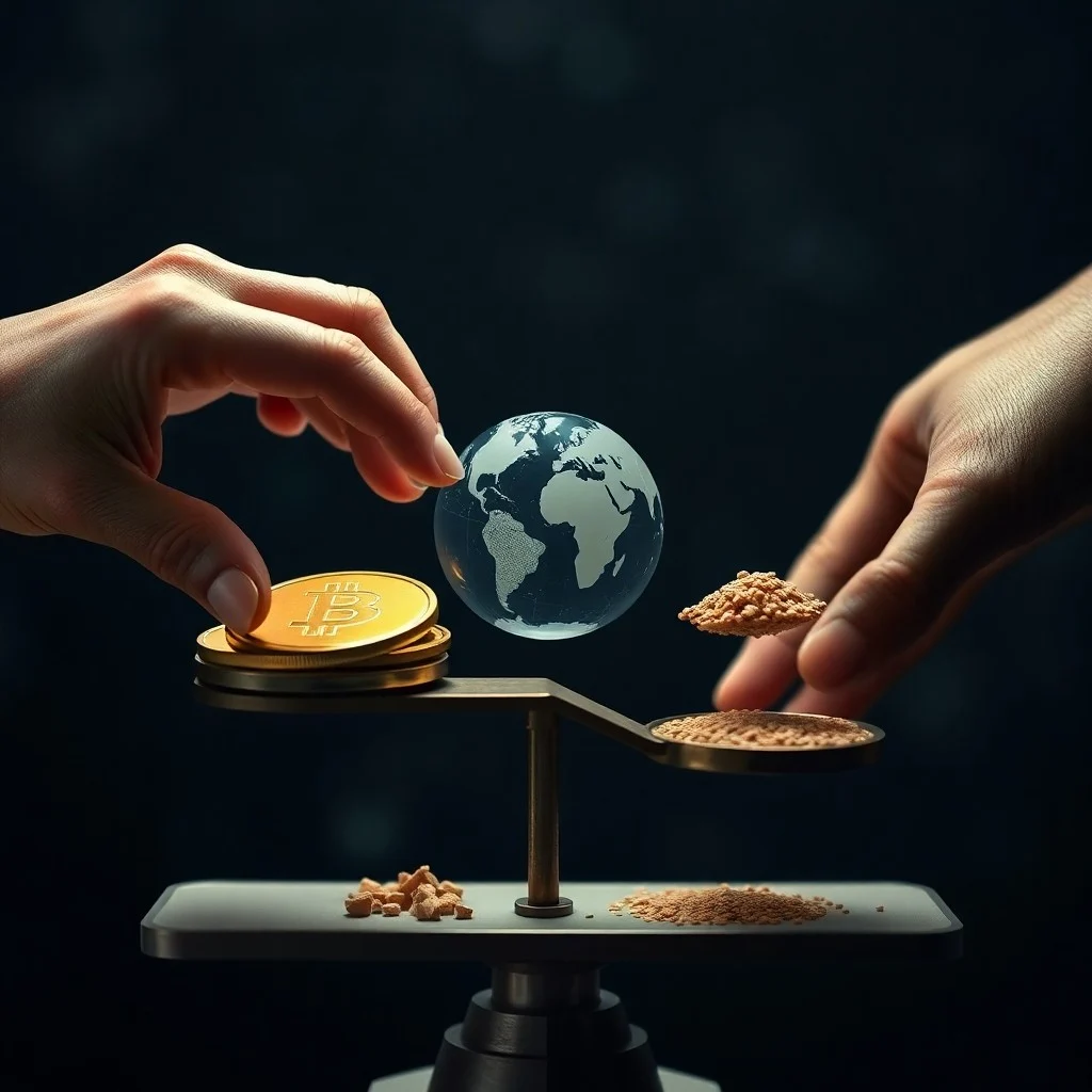 Fotografía de una balanza de latón antigua con monedas de oro y una pluma.