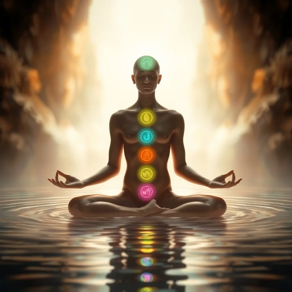 Intricate geometric crystal sculpture with seven colored sections, glowing in a cosmic void, symbolizing energy interconnectedness.