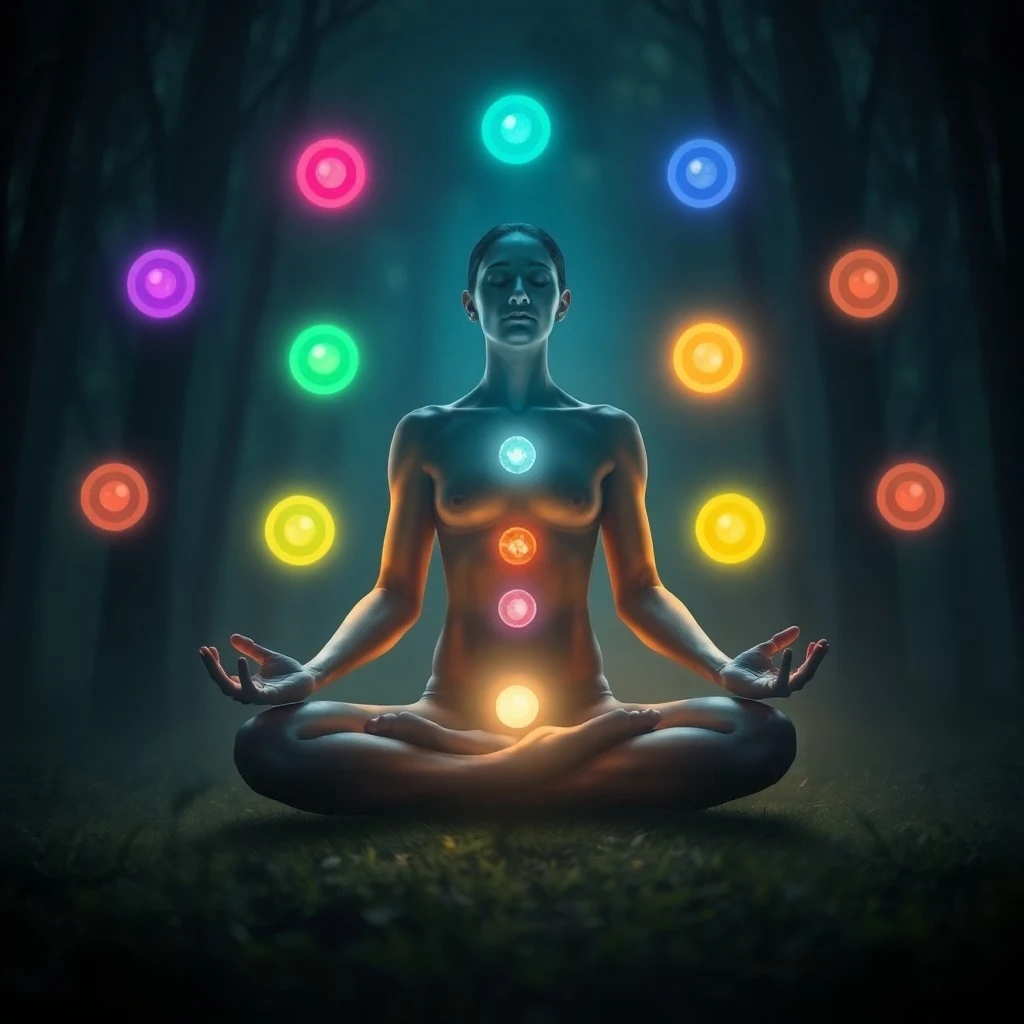 Abstract watercolor painting of swirling energy currents in a human-like silhouette, with chakra colors flowing harmoniously.