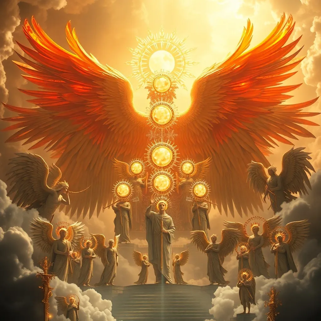 Grabado antiguo de un mapa celestial con símbolos angelicales