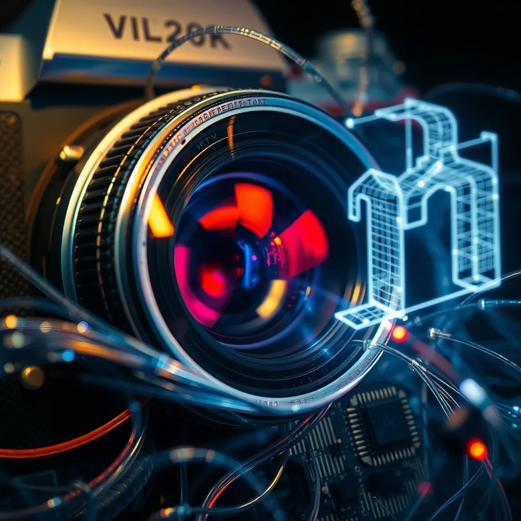Bodegón abstracto de mallas poligonales brillantes, marcadores de captura de movimiento en una mano de maniquí y una interfaz de software VFX proyectada, simbolizando la computación gráfica.