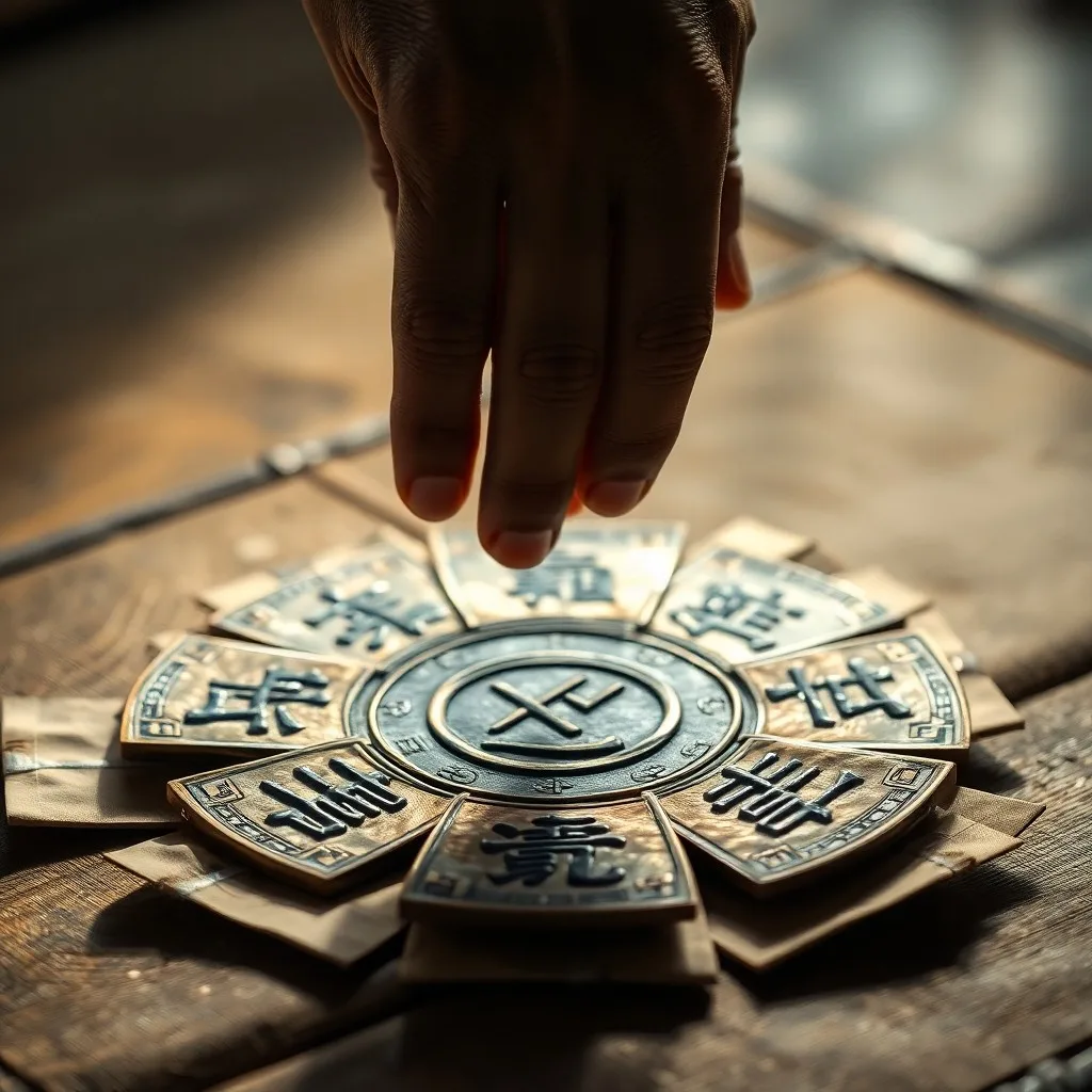 Fotografía vintage de un escritorio antiguo con monedas chinas y un pergamino con hexagramas, iluminado por una lámpara de aceite.