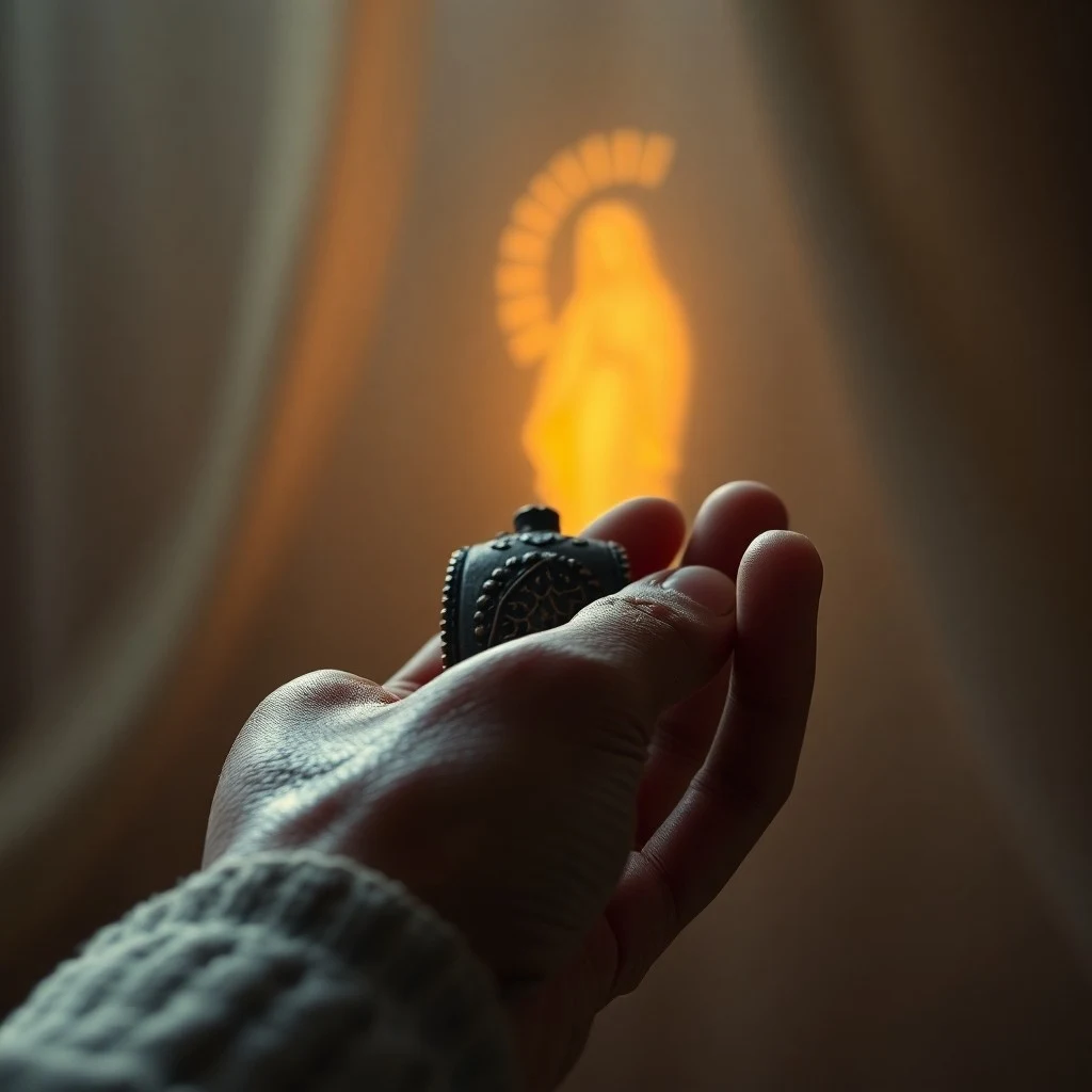 Naturaleza muerta cinematográfica de un libro de cuero gastado con una cruz dorada, una vela parpadeante de cera de abejas, un rosario de madera tallada a mano y una rosa seca.