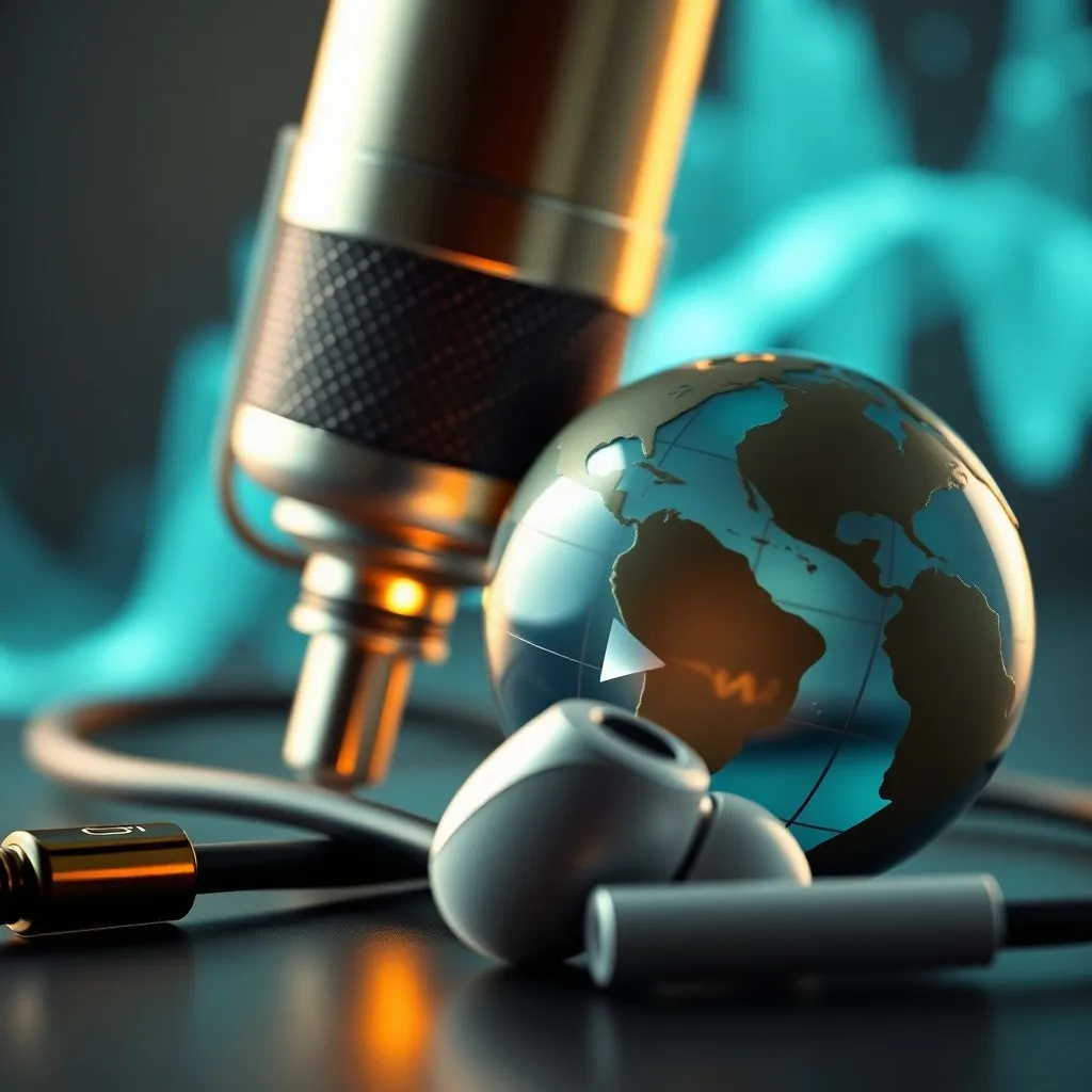 Render 3D conceptual de un globo terráqueo estilizado compuesto por formas de onda de audio interconectadas y bits digitales, que irradia luz, rodeado de iconos flotantes que representan diferentes géneros de podcasts (noticias, comedia, educación), sobre un fondo oscuro y minimalista.