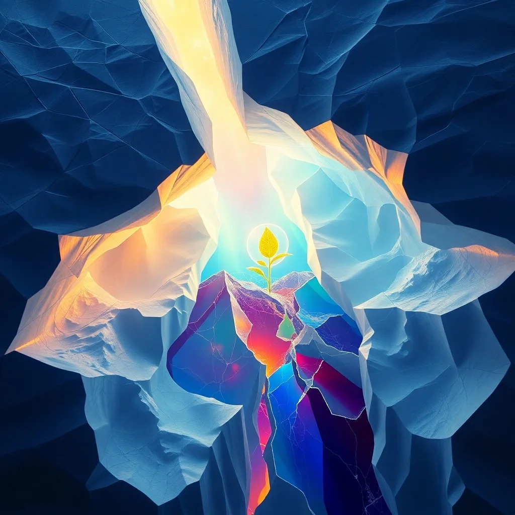 Ilustración digital 3D de un glaciar derritiéndose con grietas geométricas y colores vibrantes, con una pequeña semilla brillante en una fisura.