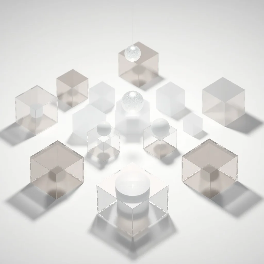 Colección de formas geométricas translúcidas en una disposición isométrica, iluminadas por una esfera brillante, creando sombras complejas.