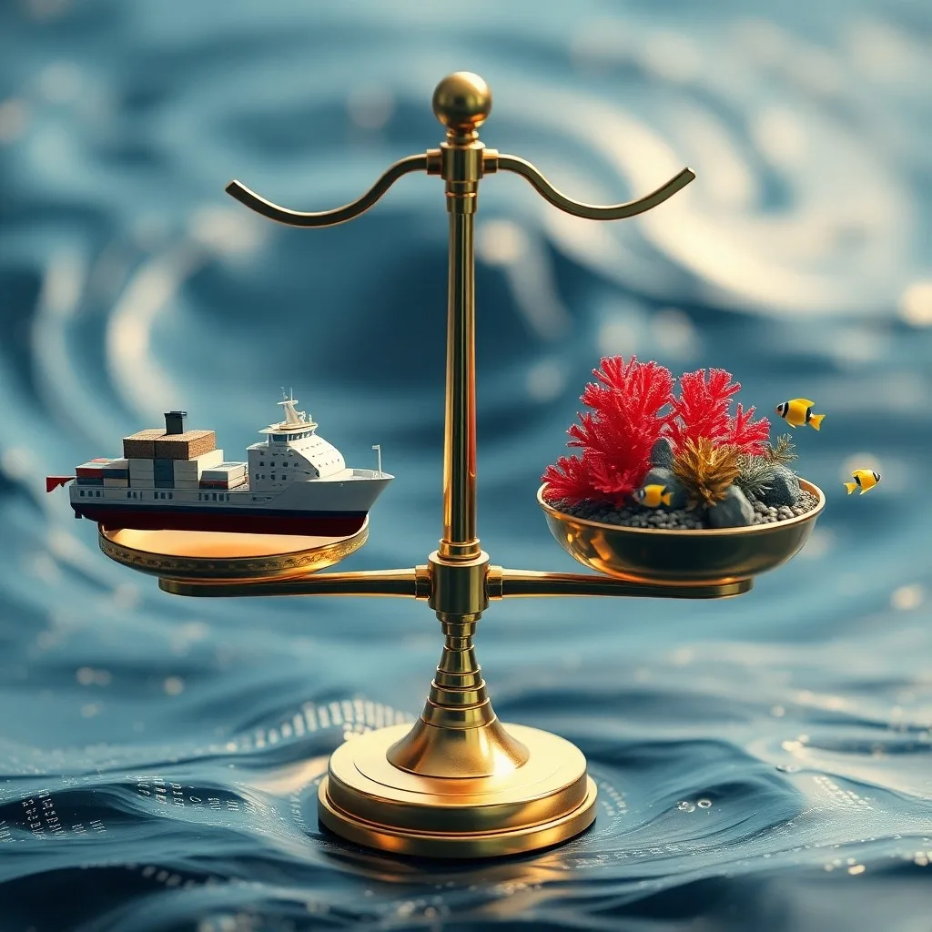 Balanza de la justicia equilibrando un barco y un ecosistema, representando la responsabilidad civil y ambiental.