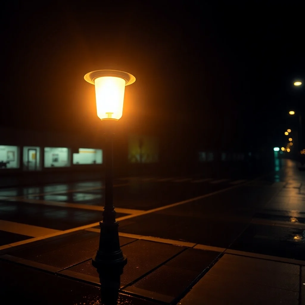 Farola solitaria bien mantenida proyectando un círculo de luz protectora sobre un pavimento oscuro y mojado.
