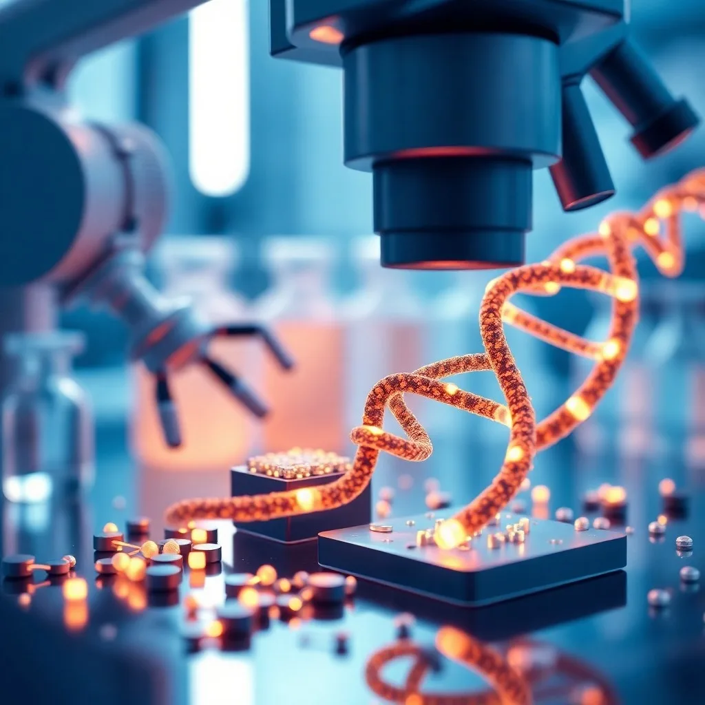 Primer plano de un laboratorio de alta tecnología con microchips y hebras de ADN bajo un microscopio, iluminado con luces azules y blancas, simbolizando la precisión científica.
