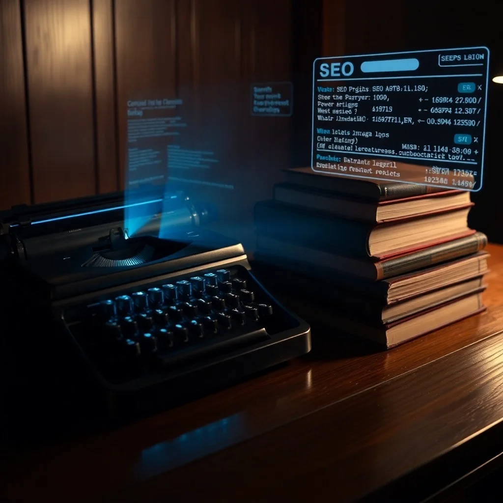Máquina de escribir vintage con luz azul digital y libros antiguos de SEO con proyección holográfica de datos SERP.