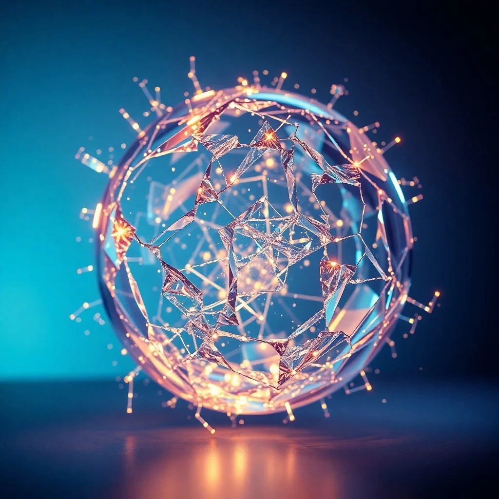 Esfera de cristal rota reensamblada por hilos de luz, simbolizando la reconstrucción del SEO con algoritmos de IA.