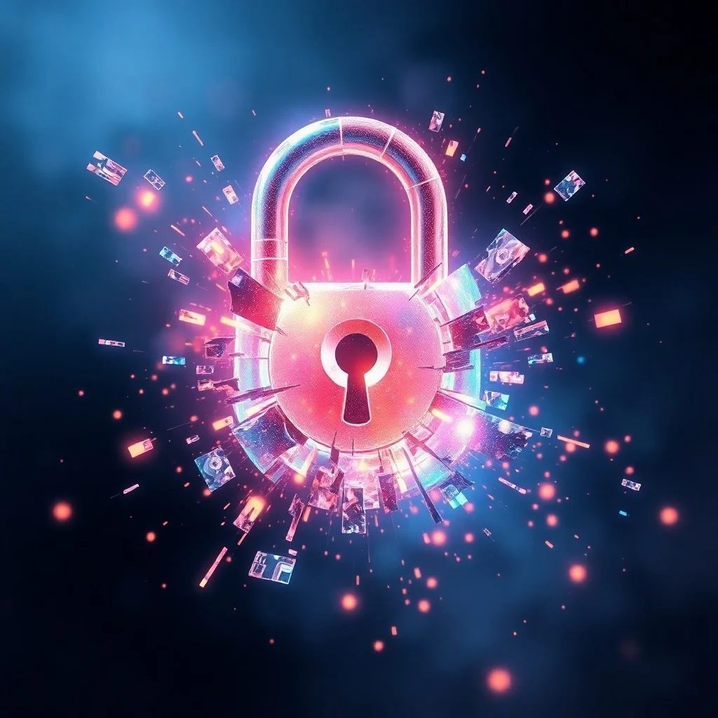 Arte conceptual estilo acuarela, que muestra un símbolo de candado digital fragmentado y disolviéndose, con cúbits brillantes emergiendo de las grietas, representando la ruptura de la encriptación antigua y el surgimiento de nuevas soluciones cuánticas, con colores etéreos.