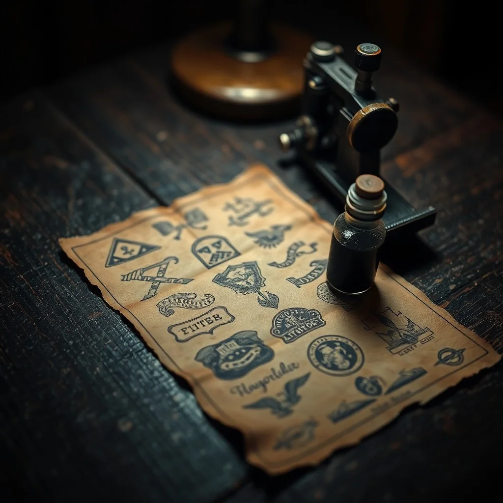 Fotografía vintage de una hoja de diseño de tatuajes antigua, con una máquina de tatuar y tinta, evocando la historia y el arte del tatuaje.