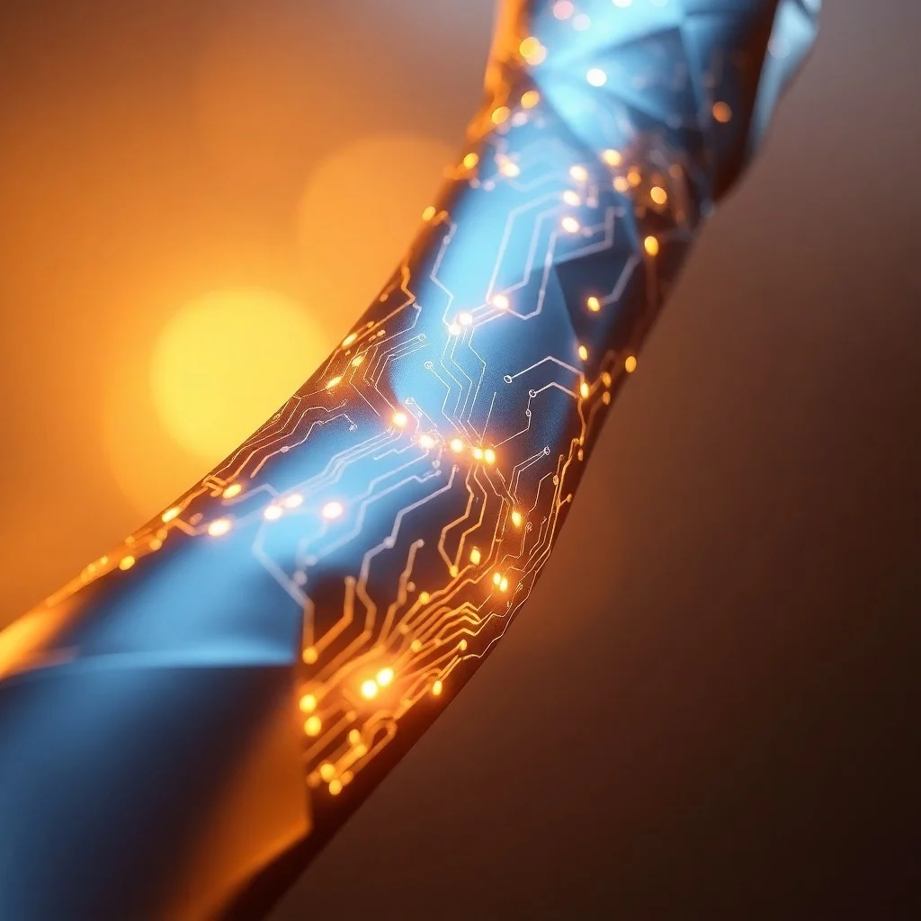 Ilustración digital 3D de un brazo abstracto con patrones de circuitos luminosos, simbolizando la integración de tecnología y arte en el tatuaje moderno.