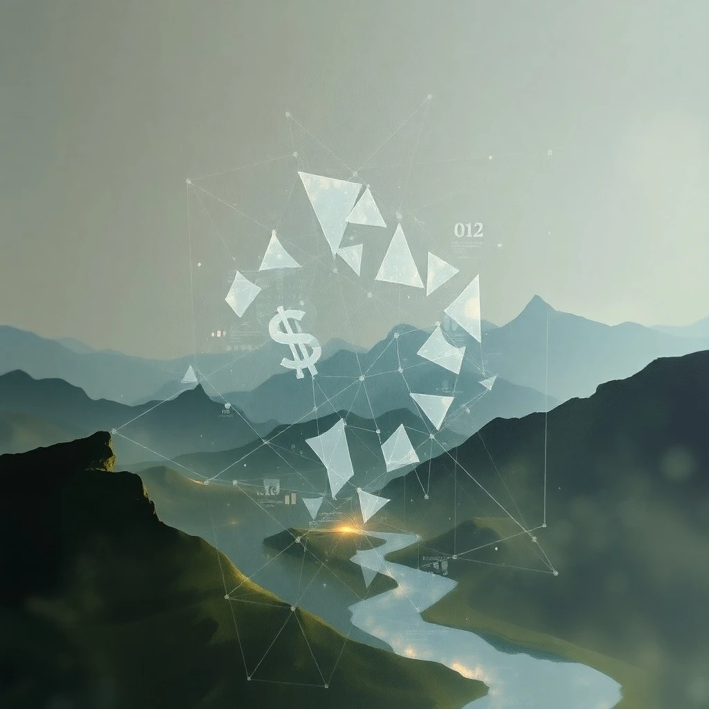 Pintura conceptual de un símbolo de moneda digital fusionándose con un paisaje físico