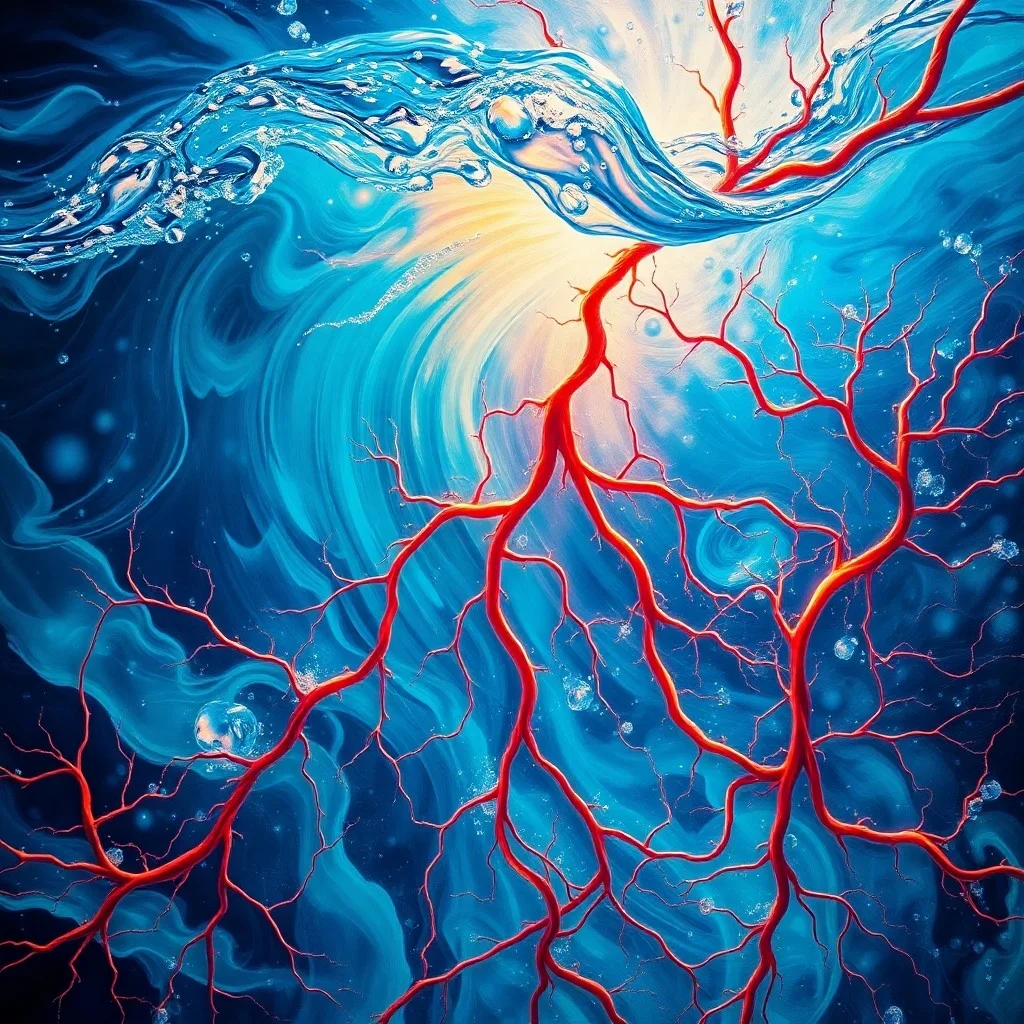 Pintura al óleo abstracta de la conexión entre el océano y el sistema circulatorio humano