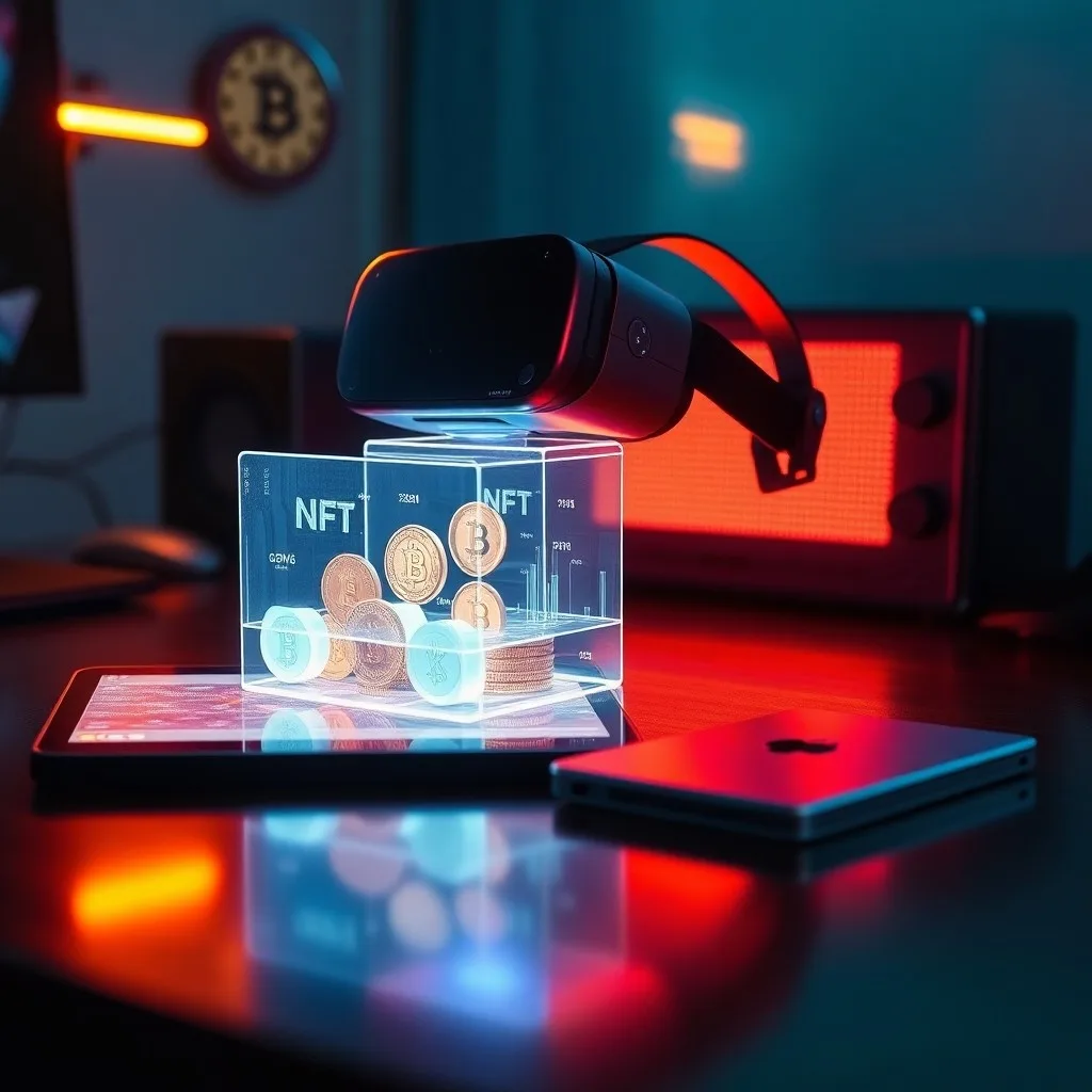Escena de escritorio con un casco de realidad virtual vintage, proyecciones holográficas de criptomonedas y arte NFT, y un libro de contabilidad blockchain.