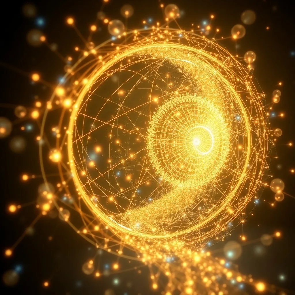 Esquema 3D brillante de una curva temporal cerrada o un agujero de gusano, mostrando una red compleja de caminos de energía luminosa con ecos fantasmales de objetos moviéndose, representando conceptos de física teórica.