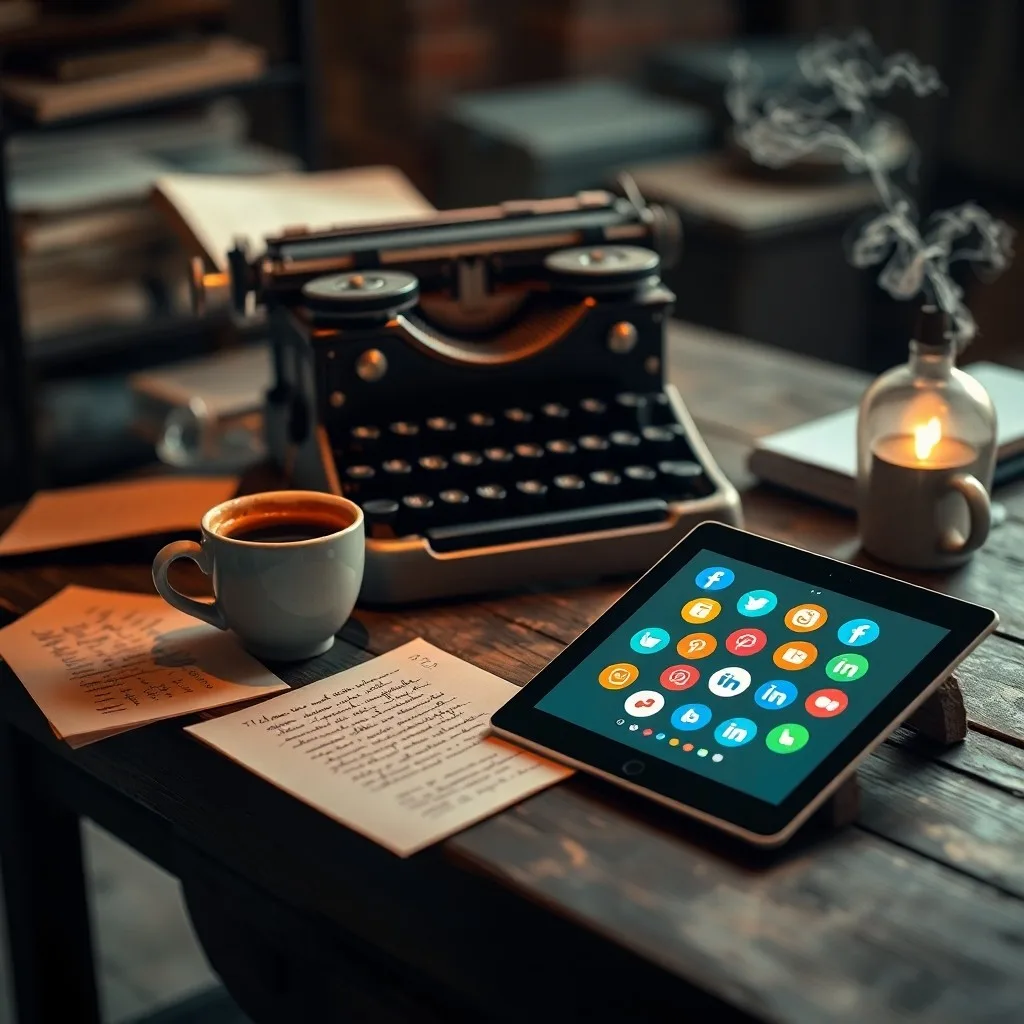 Pintura acuarela de una máquina de escribir vintage sobre un escritorio, con notas manuscritas y una tablet mostrando iconos de redes sociales, en un ambiente creativo y suave.