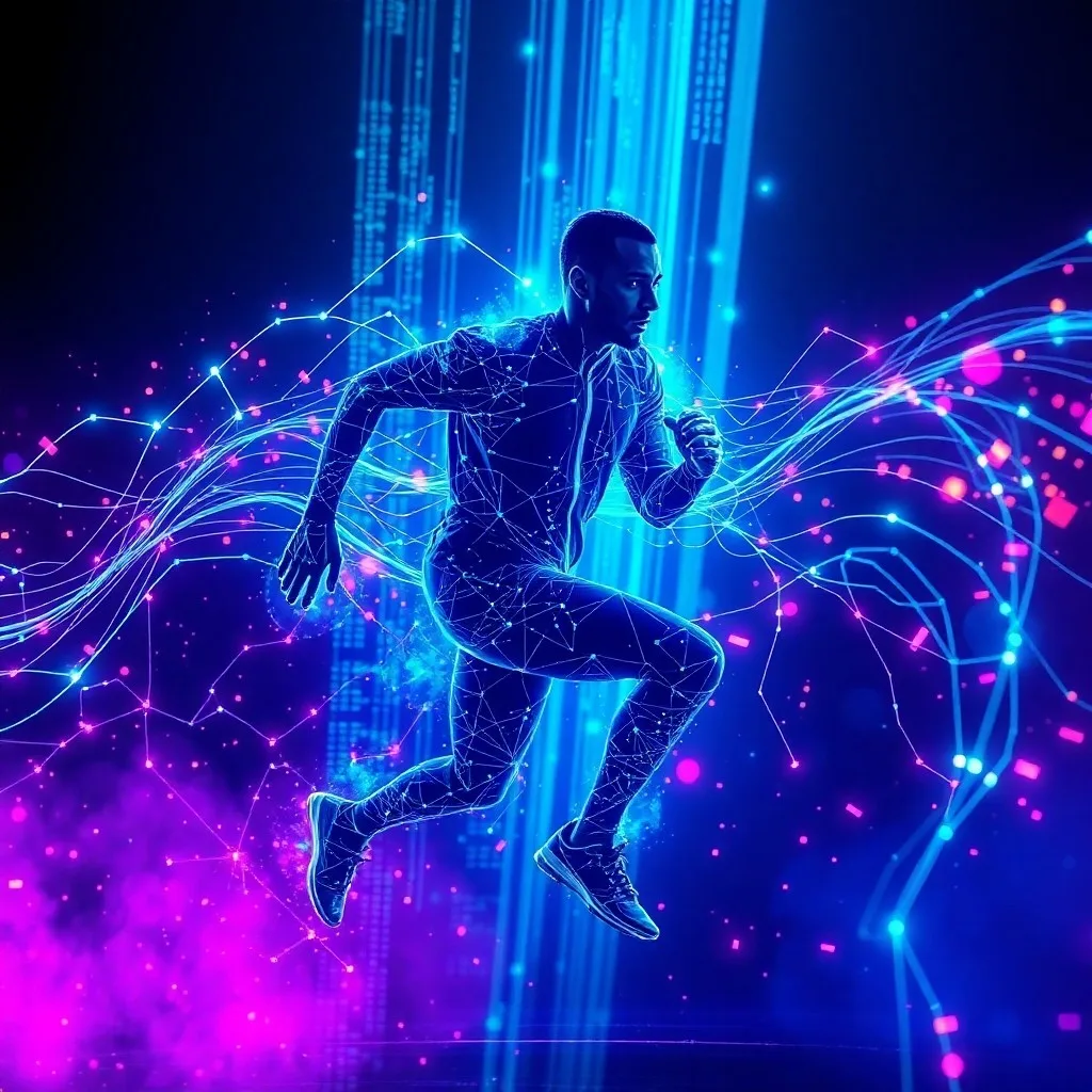 Arte conceptual abstracto de una red de datos y proyecciones holográficas superpuestas sobre la silueta de un atleta, representando análisis de rendimiento y futuro.