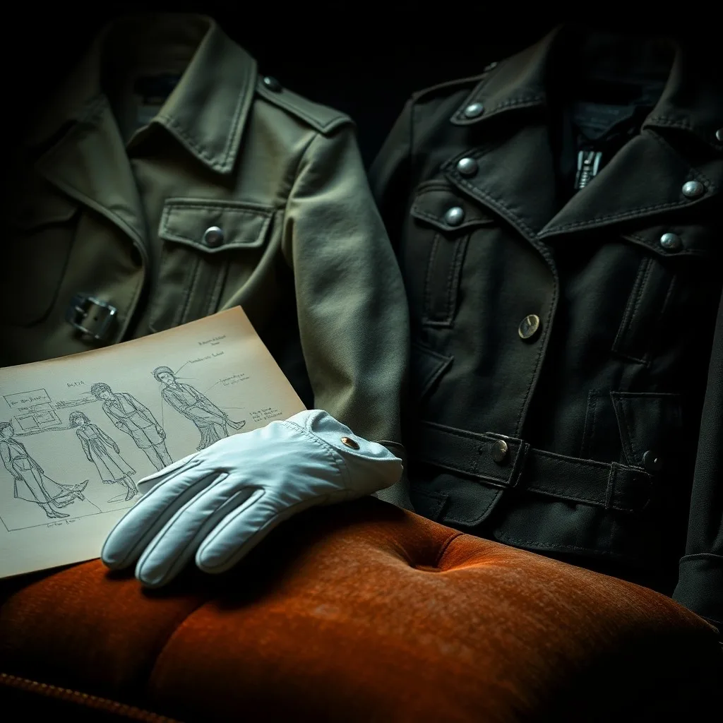 Bocetos de moda vintage de chaquetas militares con hebillas y un guante blanco sobre terciopelo.