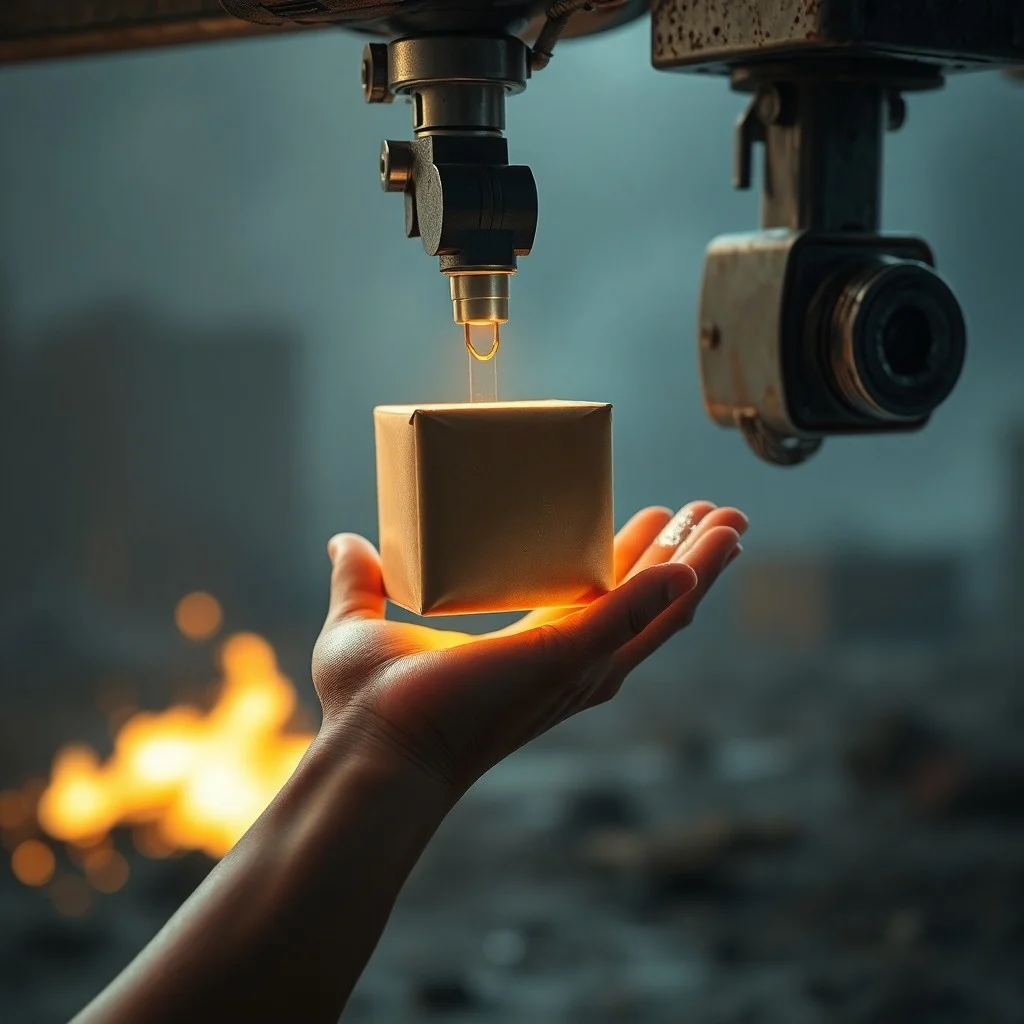 Brazo de dron entregando un paquete de ayuda a una mano de luz