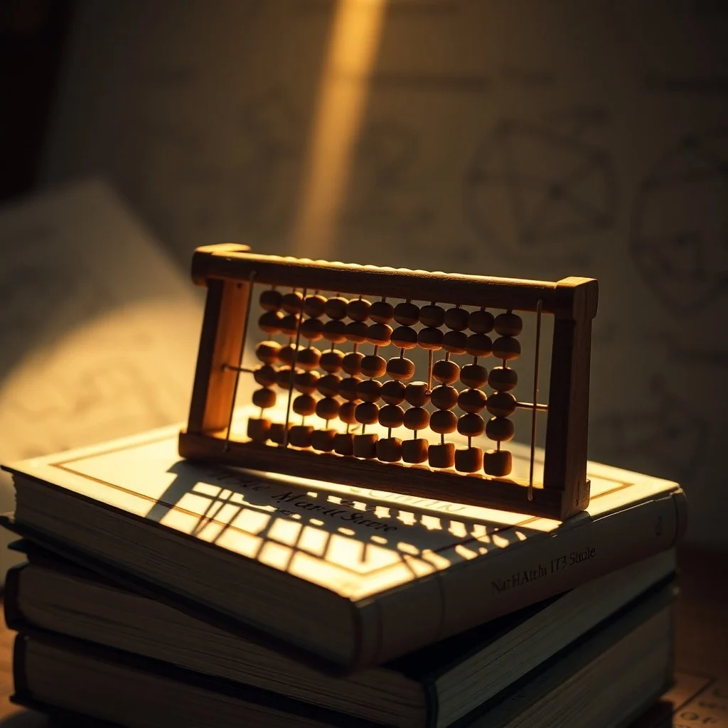 Ábaco antiguo de madera sobre libros de texto modernos, iluminado por un rayo de luz, con planos de vías neuronales desenfocados de fondo.